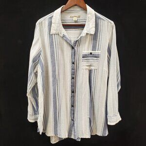 Ruff Hewn Womens Gauzy Striped Button Up Top Size 2X Blue Costal Beach Vacation